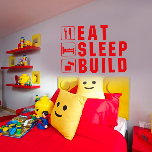 Building Block 'EAT SLEEP BUILD' Sticker | Vinyl Wall Decal Bedroom Decoration Stickers | Kids Teen Bedroom Furniture Blocks