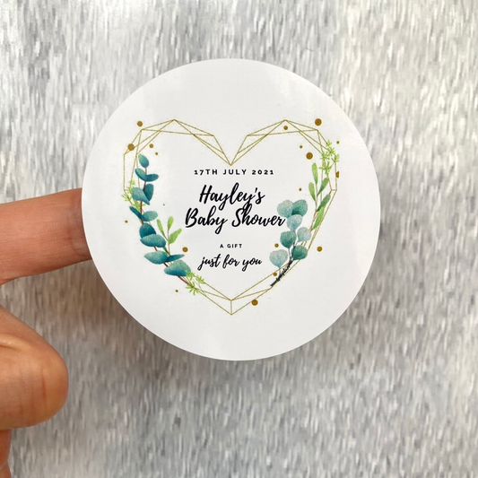 Green Love heart Baby Shower Stickers I Personalised Text | Occasions round labels