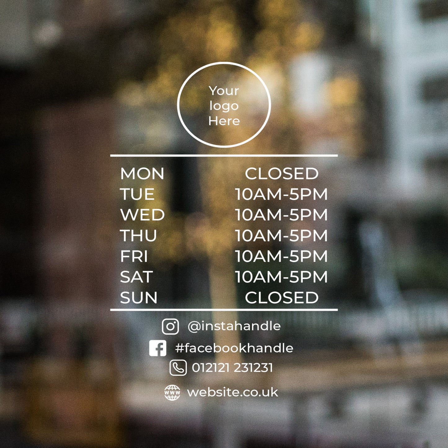 Sleek Opening Hours | Custom logo Opening Times | Door Window Sticker Window