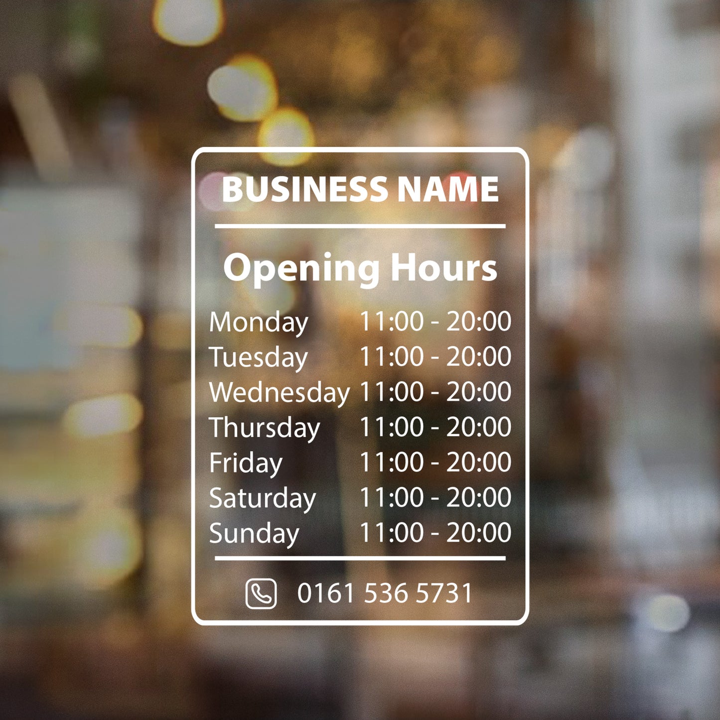 Square 24-hrs Business Opening Hours | Door Sticker Window Decal | Business Times and Number Phone